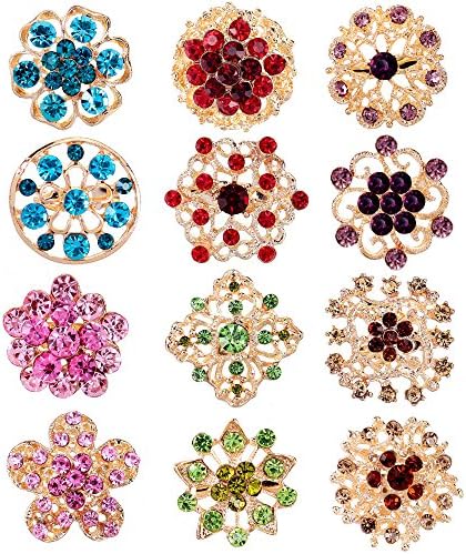 Maogo Lot 12pc Women Multi-Color Rhinestone Crystal Flower Brooches Pins (Set 2)