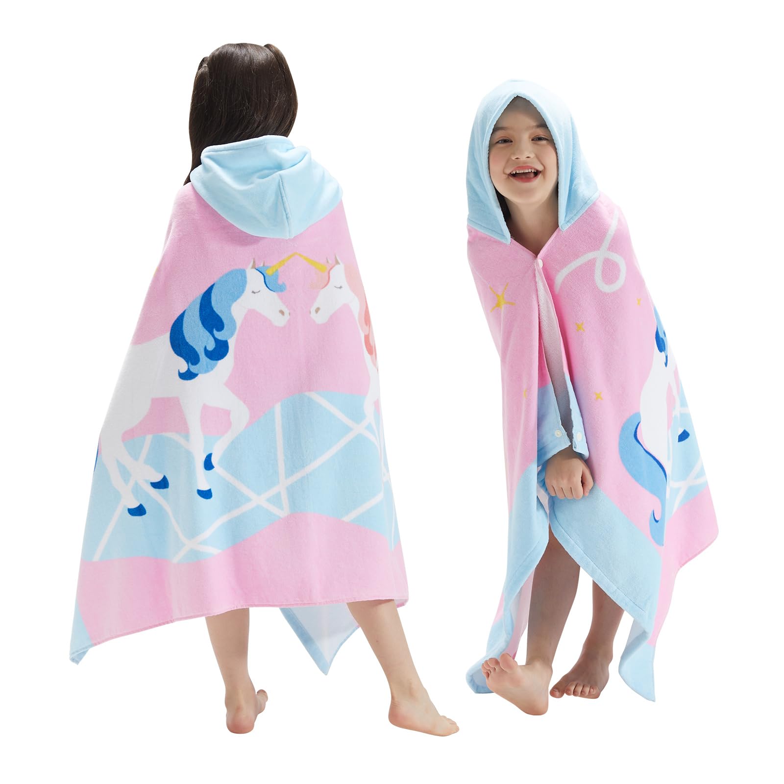 BANGSAUR Children's Hooded Bath Beach Towel, 100% Cotton 50"x30" Wrap, Kids Toddlers Girls Boys 3-12 Years Coverup(Double Unicorn)