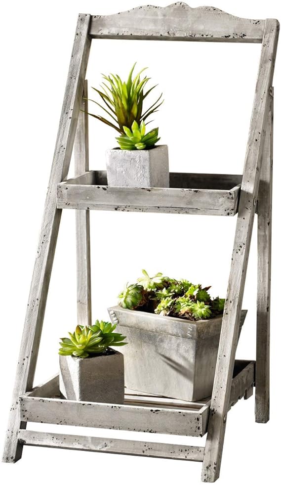 Foldable Wooden Plant Stand for Outdoor or Greenhouse, Two Shelves