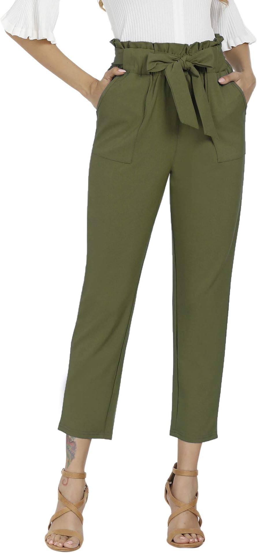 Freeprance Women's Pants Casual Trouser Paper Bag Pants Elastic Waist Slim Pockets