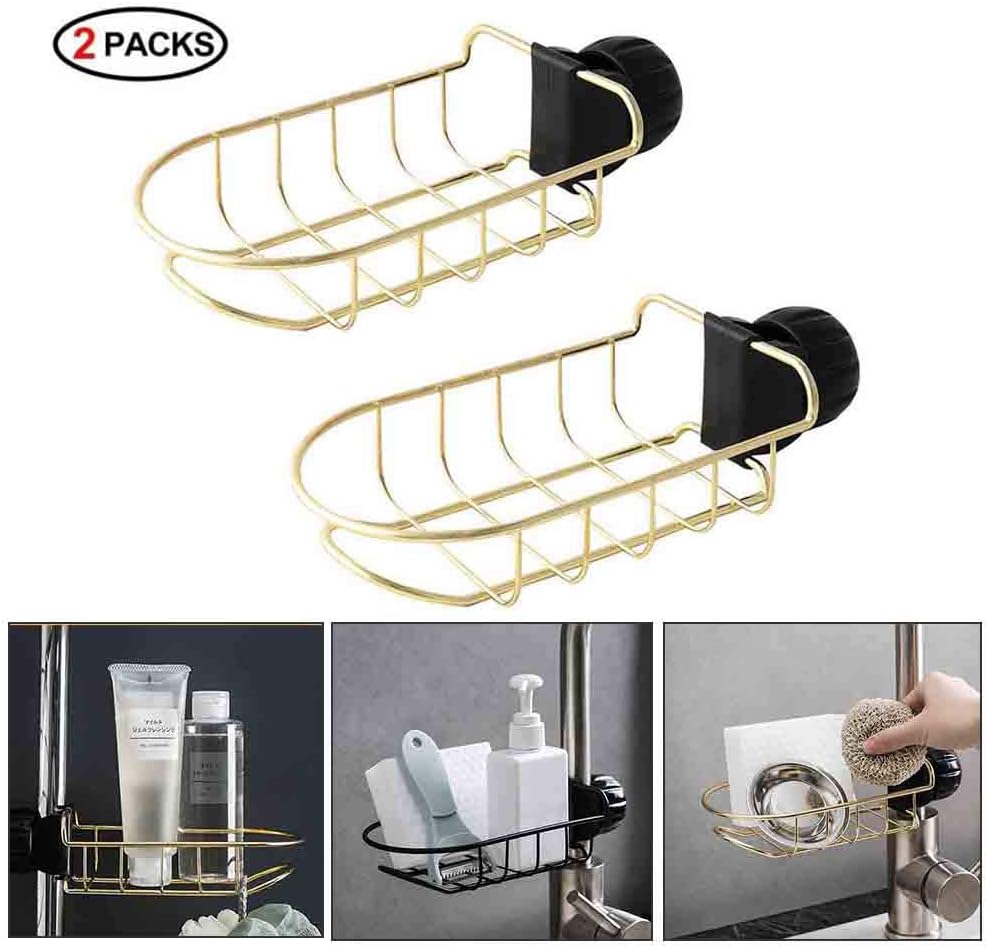2Pcs Kitchen Faucet Sponge Holder Storage Rack Hanging Sink Caddy Organizer for Scrubbers Soap Bathroom or Kitchen Detachable No Suction Cup or Magnet No Drilling 3 colors (Gold)