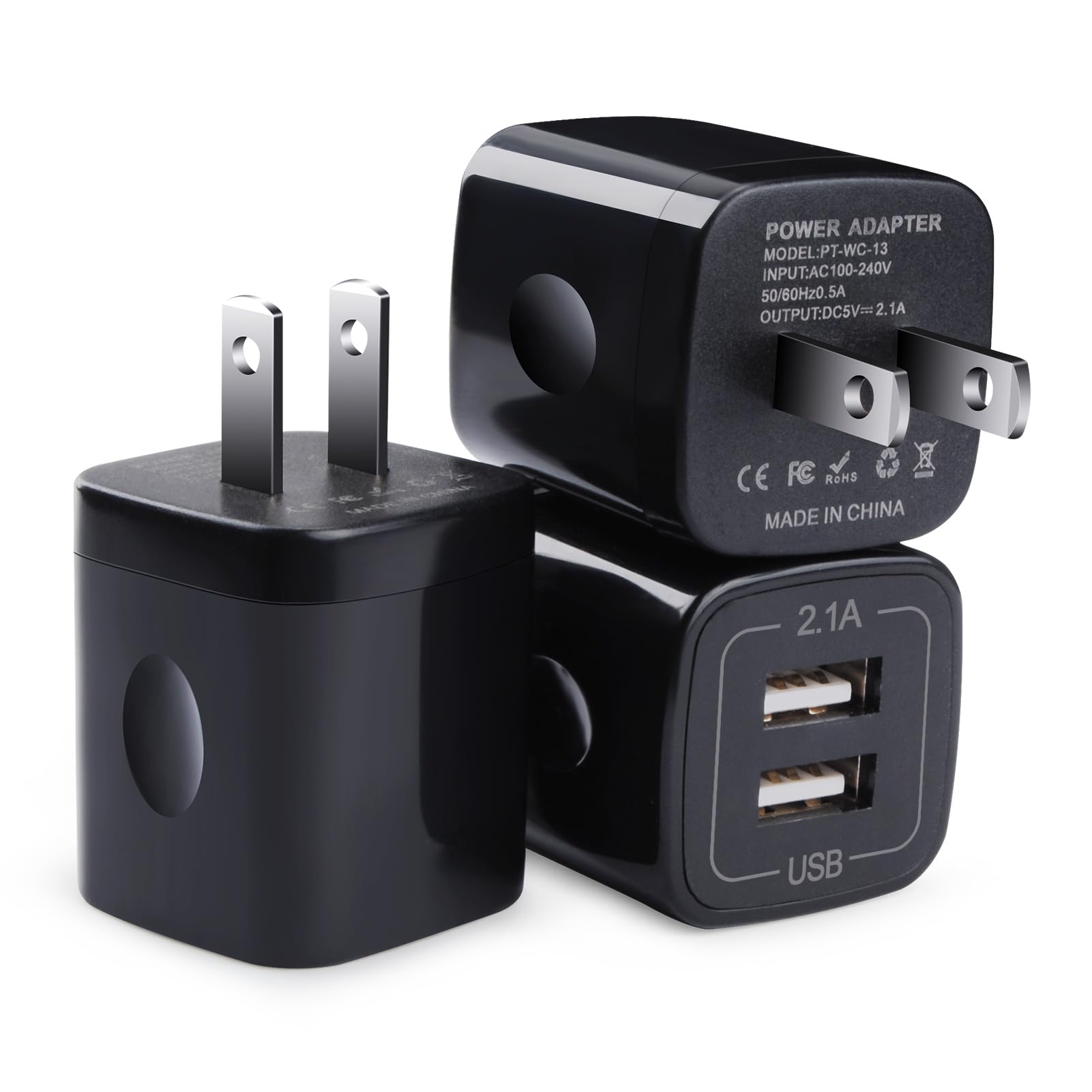 Black USB Wall Adapter, Charging Block, 3Pack Dual Port 2.1A Fast Wall Charger Brick Base Cube USB Plug Outlet Phone Charger Box for iPhone 16e 16 Pro 15 14 13 12 11 XS Max XR X 8 7 6, iPad, Samsung