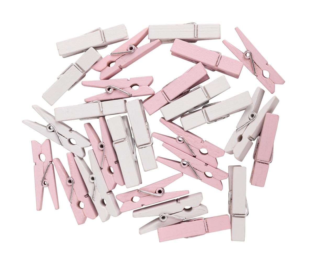 Rayher Pack of 26 Wooden Pegs in White and Pink, Craft Pegs for Baby Cards or Baby Shower, Wood Pegs for Photos, Scrapbooking, Paper Crafts and Advent Calendar, 3.5cm, 64590258