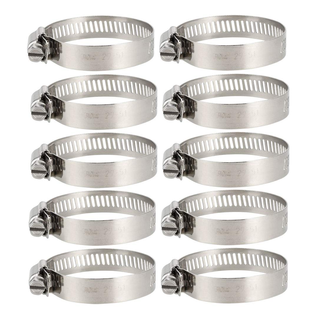 sourcing map 27-51mm Worm Gear Hose Clamp, 304 Stainless Steel Fuel Line Clamp 10 Pcs