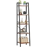 Furologee 5 Tier Ladder Shelf Bookcase, Tall Narrow Bookshelf with 2 Hooks, Rustic Brown Bathroom Corner Book Shelf, Metal Wood Book Case Standing Unit, Display Shelf for Living Room Office Kitchen