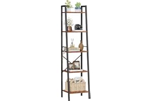 Furologee 5 Tier Ladder Shelf Bookcase, Tall Narrow Bookshelf with 2 Hooks, Rustic Brown Bathroom Corner Book Shelf, Metal Wo