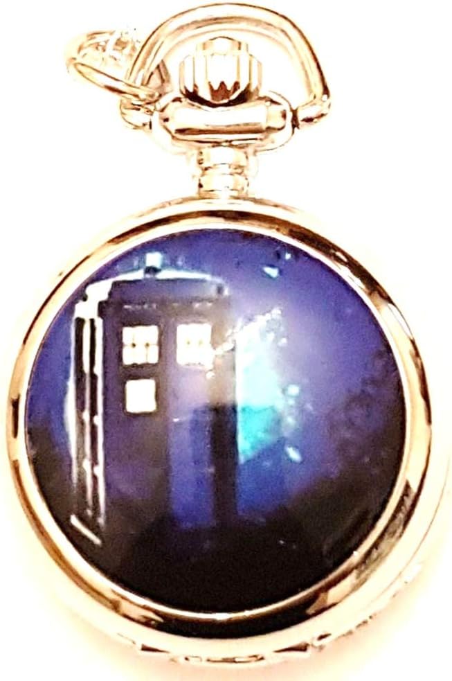 DR Doctor Who DW Tardis Police Box Pocket Watch Necklace - Silver Plated Chain - GIFT BOXED WITH FREE SPARE BATTERY