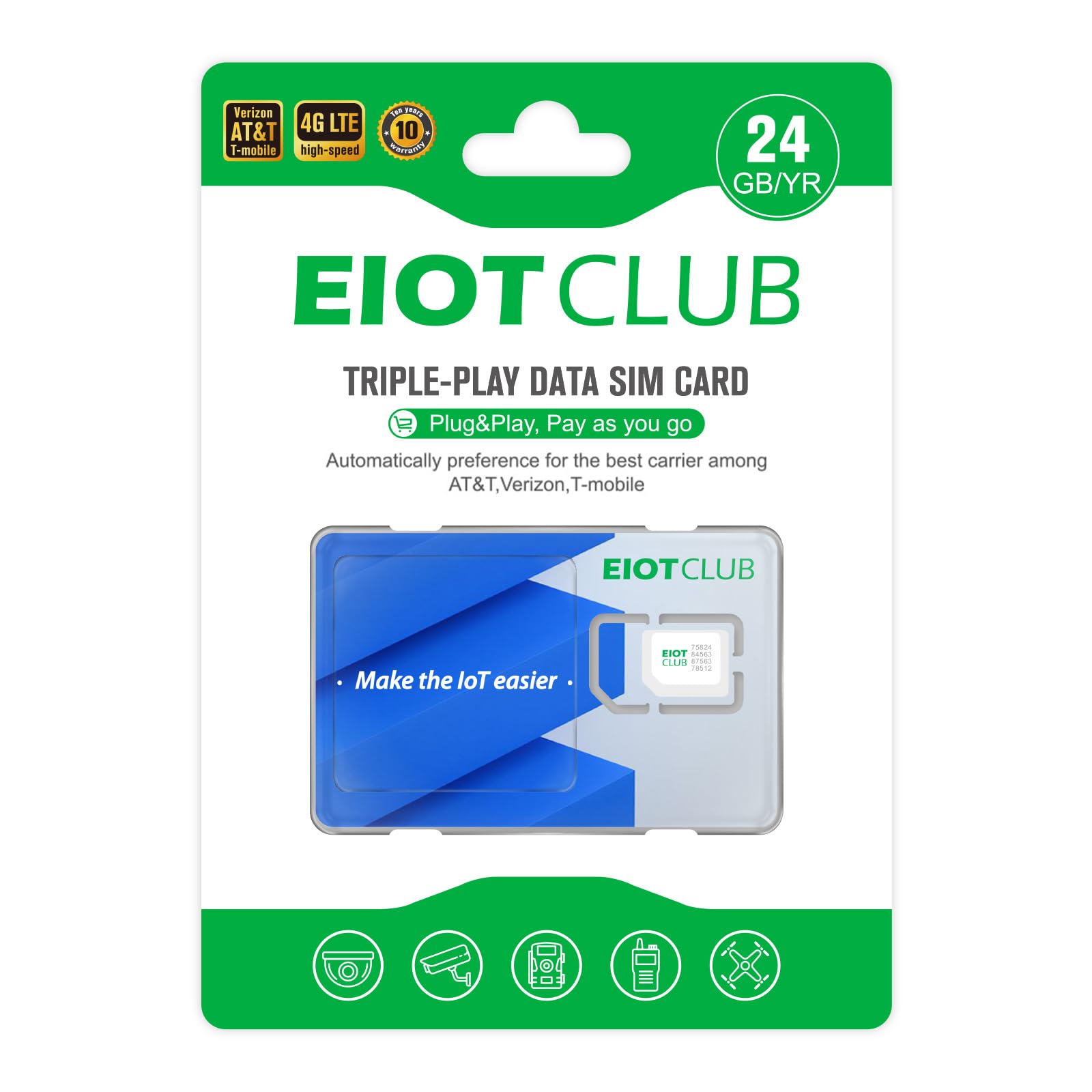EIOTCLUB Prepaid Data SIM Card - 24GB/360Day, 4G SIM Card Support for AT&T, T-Mobile and Verizon in The USA, Data Only SIM Card for 4G LTE Security Camera, Unlocked IoT Devices, No Contract