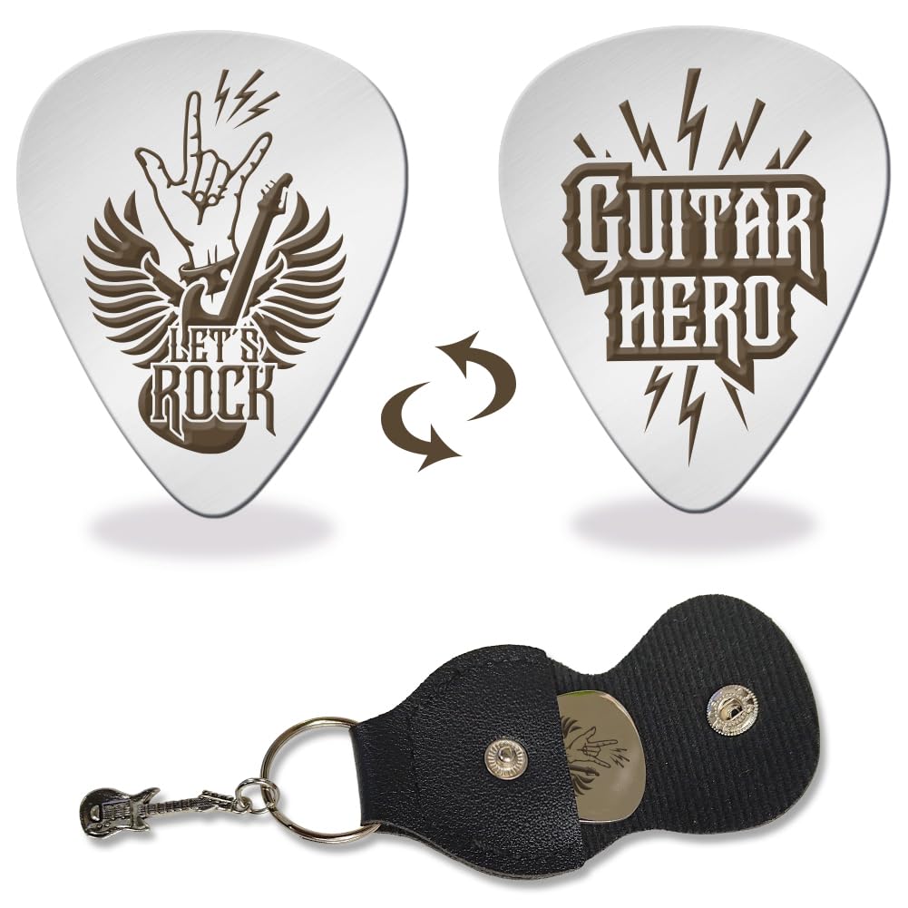 Arricraft 1 Pc Stainless Steel Plectrums, Let's Rock Guitar Hero Picks with Leather Holder, Medium Gauge (1.0mm), 3.5cm x 2.8cm, Suitable for Electric-Acoustic Bass, Banjo, Ukulele