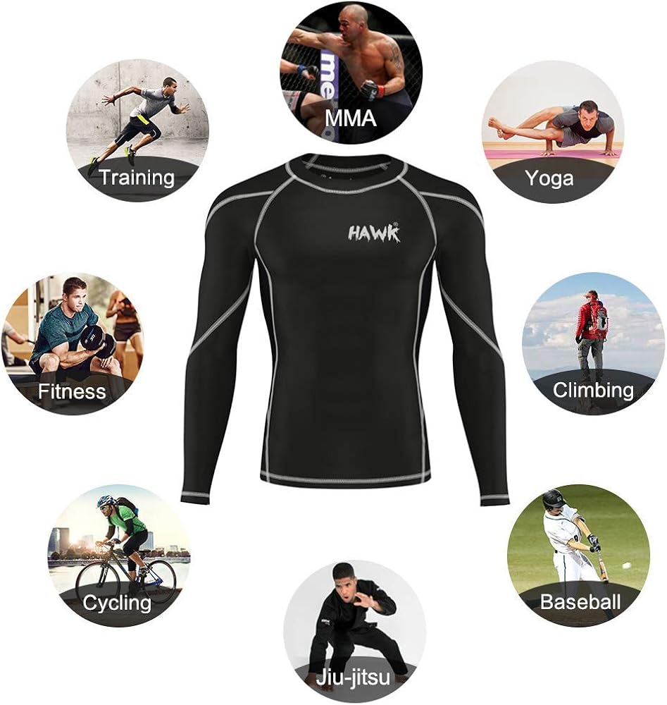 Hawk Sports Mens Compression Shirts Base Layer Athletic Gym MMA BJJ Rash Guard No Gi Full Long Sleeve Rashguard Shirt for Men: Clothing