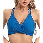 Vogueric Womens Twist Front V Neck Bikini Top Push Up Padded Swim Top Swimsuit Lace Up Criss Cross Back Bathing Suits Tops