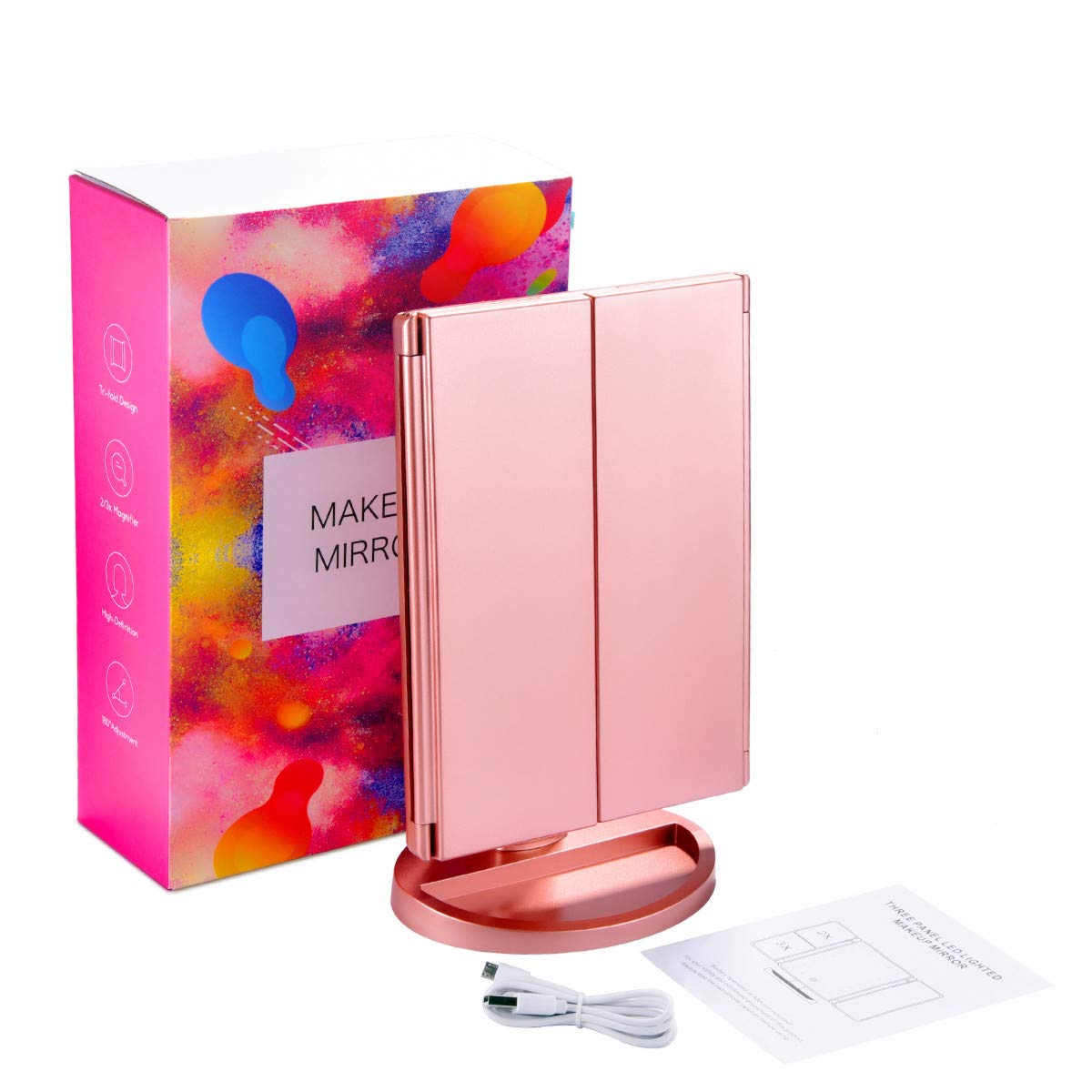 KOOLORBS Makeup Mirror with Lights, 21 LED Vanity Mirror with 1x 2X 3X Magnification, Touch Screen Switch, 180 Degree Rotation Rotation, Dual Power Supply, Portable Trifold Mirror : Beauty