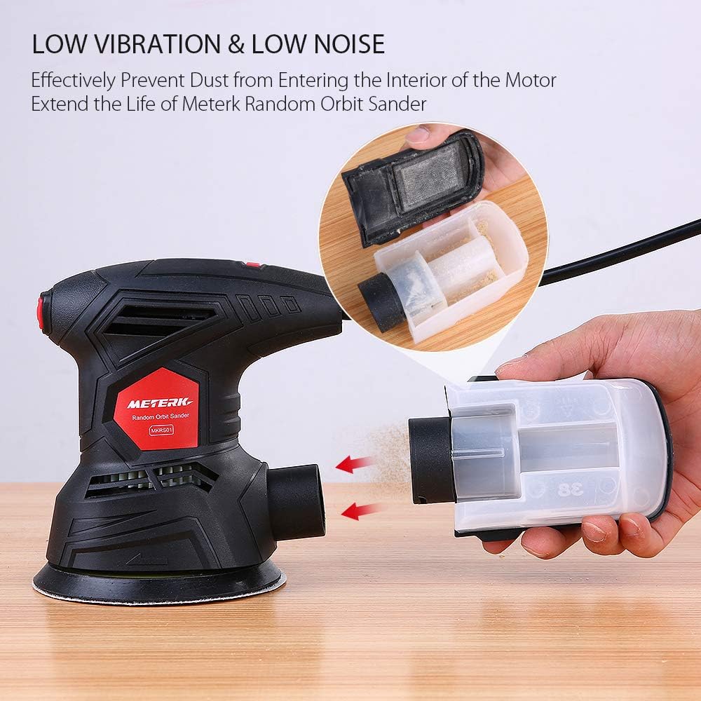 Meterk 5 Inch Random Orbit Sander 2.5A Orbital Sander with 12Pcs Sandpapers, 12000RPM, 6 Variable Speed, Efficient Dust Collector, Ideal for Finishing, Sanding, Polishing Wood - - 