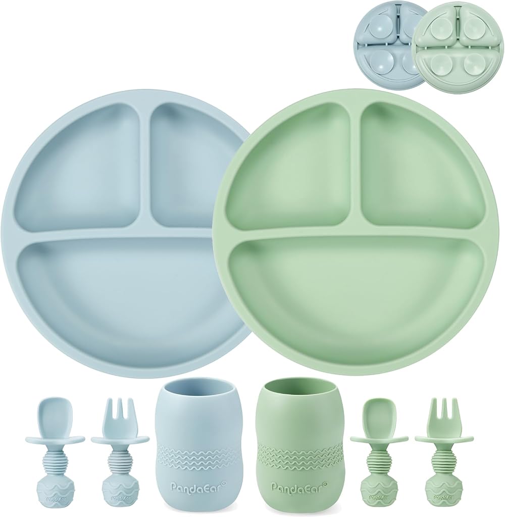 PandaEar Silicone Baby Weaning Set 2 Plates 2 Sippy Cups 2 Spoons Forks