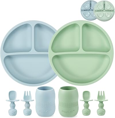PandaEar Silicone Baby Weaning Set 2 Plates 2 Sippy Cups 2 Spoons Forks