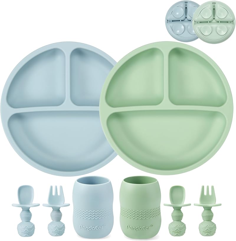 PandaEar Silicone Baby Weaning Set 2 Plates 2 Sippy Cups 2 Spoons Forks