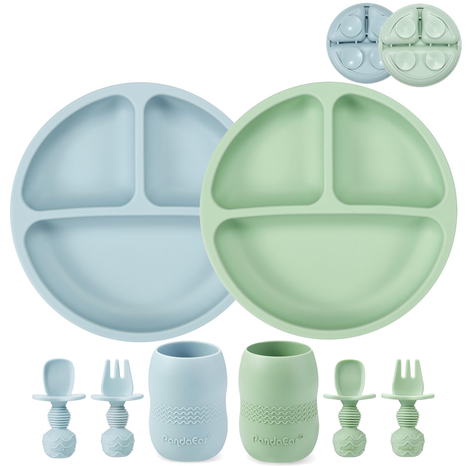 PandaEar Silicone Baby led Weaning Set| 2 Pack Divided Suction Plates and 2 Pack Tiny Sippy Cup with 2 Spoons 2 Forks| Silicone Baby Feeding Set| Baby Self Feeding Cutlery (Blue/Green) — image 1
