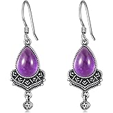 Natural Amethyst Bohemian Dangle Earrings, 925 Sterling Silver Teardrop Tribal Pattern Earrings, Vintage Jewelry Gift for Women
