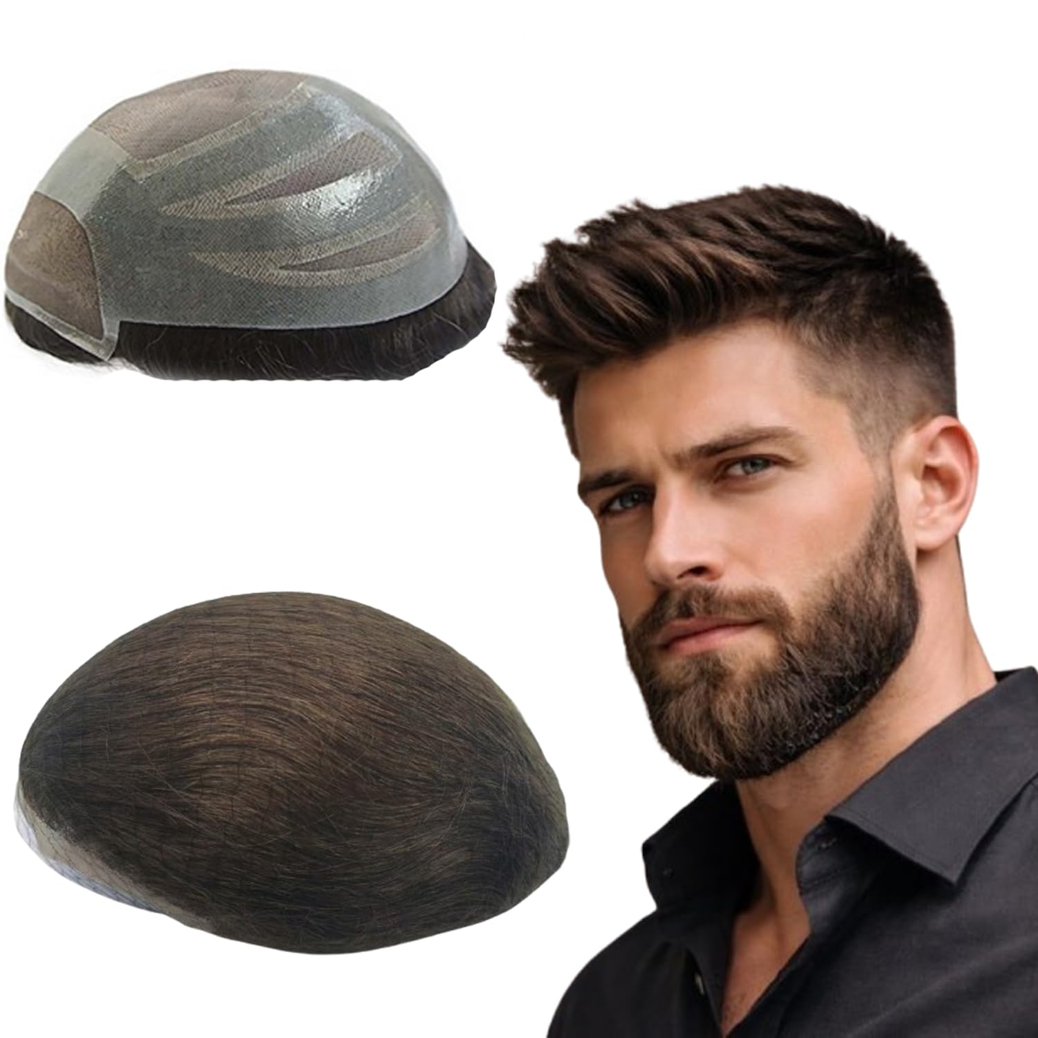 Mens Human Hair Toupee Hairpieces Gentlemen Swiss Lace Front Replacement System Hair Piece Combined with PU base 10X8 inch large size N.L.W Dark Brown 6 inch