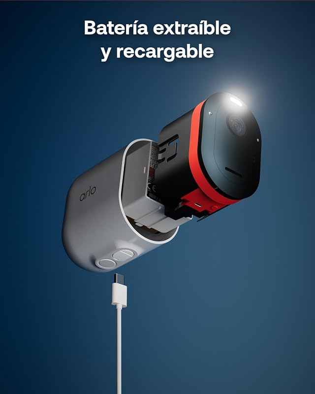 Pro 6, WiFi 2K+ HDR Câmara de vigilância exterior, reconhecimento por IA, visão noturna a cores, funciona com Alexa, Arlo Secure Test incluído, 4 câmaras + 1 bateria adicional e carregador duplo