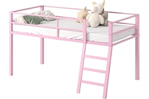 Lutown-Teen Metal Loft Bed with Stairs and Guardrail for Juniors, Space Saving Loft Bed Twin Size for Small Bedroom, Pink