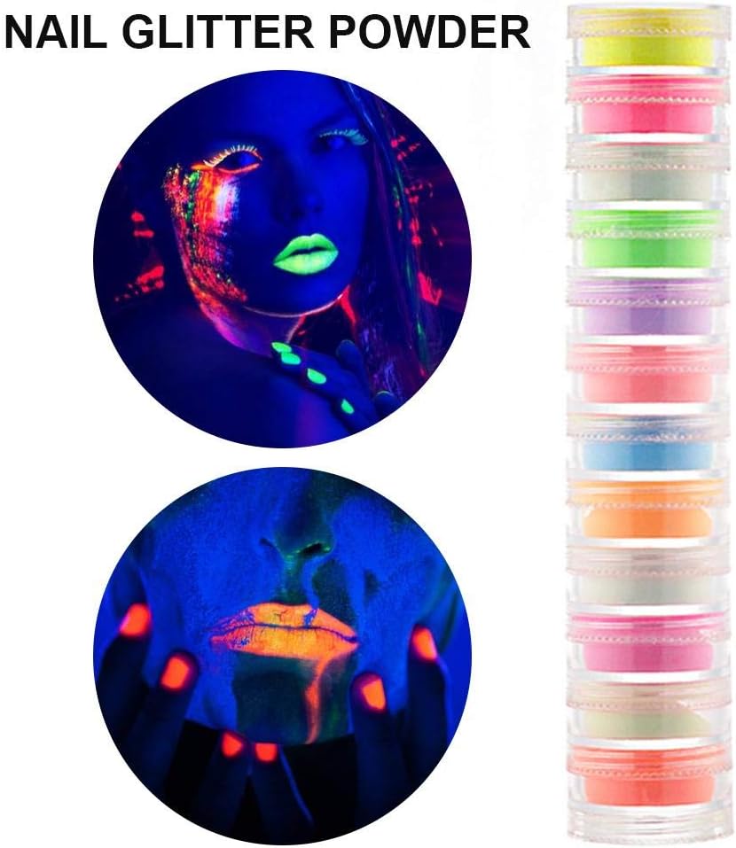 Sundlight Halloween Neon Face & Body Paint Glow Kit DIY Neon Phosphor Nail Glitter Powder Blacklight Reactive Fluorescent Paint - Safe, Washable, Non-Toxic, by Midnight 12 Color