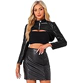 Allegra K Women's Faux Leather Cropped Top Stand Collar Zipper Front Moto Biker Long Sleeve Jacket Coat