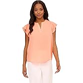 Adrianna Papell Womens Solid Short Ruffle Sleeve Popover Blouse