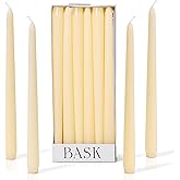 Bask 10-inch Taper Candles - Unscented and Dripless - Burns for 8 Hours - Home Decor for Dinner Table, Kitchen, and Bedroom - Perfect for a Romantic Date or Anniversary - 12-Pack - Ivory