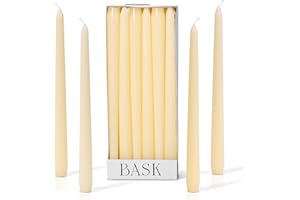 Bask 10-inch Taper Candles - Unscented and Dripless - Burns for 8 Hours - Home Decor for Dinner Table, Kitchen, and Bedroom - Perfect for a Romantic Date or Anniversary - 12-Pack - Ivory