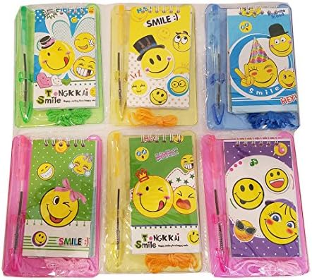 6 pack Emoji Notepads / Stationery Set for Party Favors / Birthday Giveaway / Party Supply. Including Pen &amp; ruler with geometric shapes, and a string. (Assorted designs)