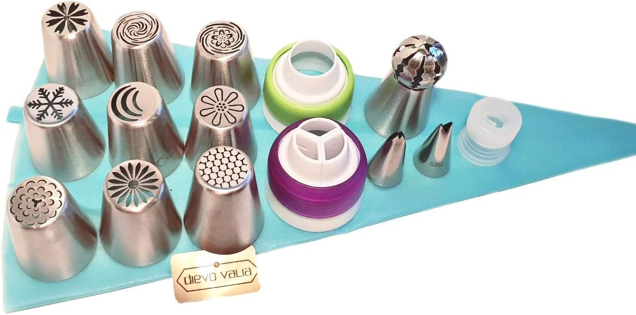 Russian Piping Tips 26pc Set 10 Large Flower Tips/nozzles inc.1 Ball tip + Silicone Pastry/Icing/Fondant Bag + 10 Free Disposable Bags & 3 couplers for Cupcake/Cake Decorating, Two Leaf Tips