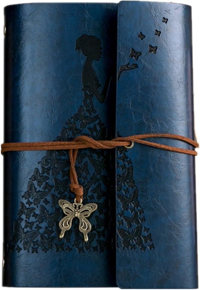 2017 Vintage Butterfly and The Princess Leather Notebook Writing Books Journal Diary PU Cover Ring Binder for Men Women A6(Blue)
