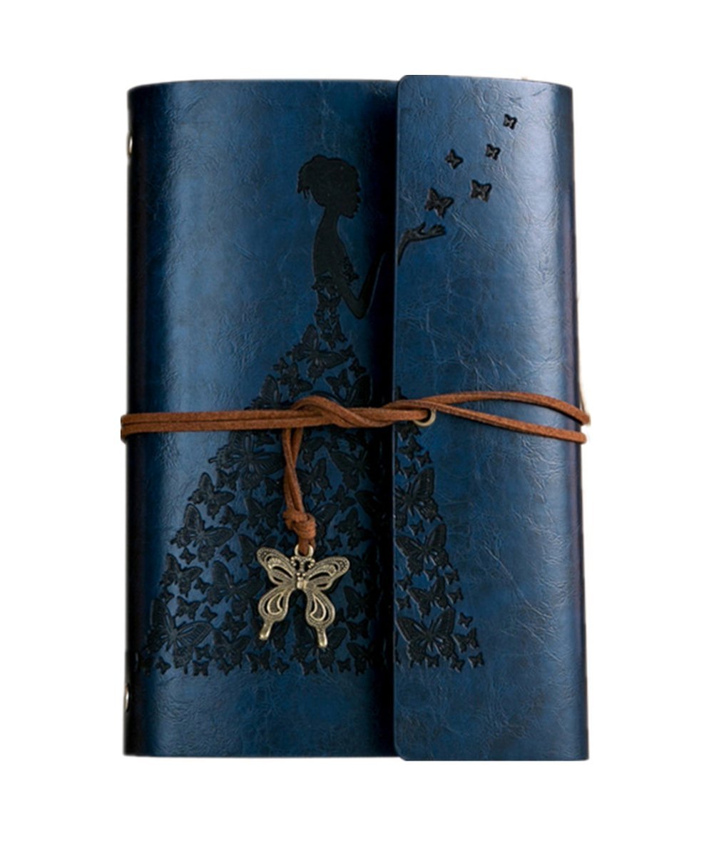 2017 Vintage Butterfly and The Princess Leather Notebook Writing Books Journal Diary PU Cover Ring Binder for Men Women A6(Blue)