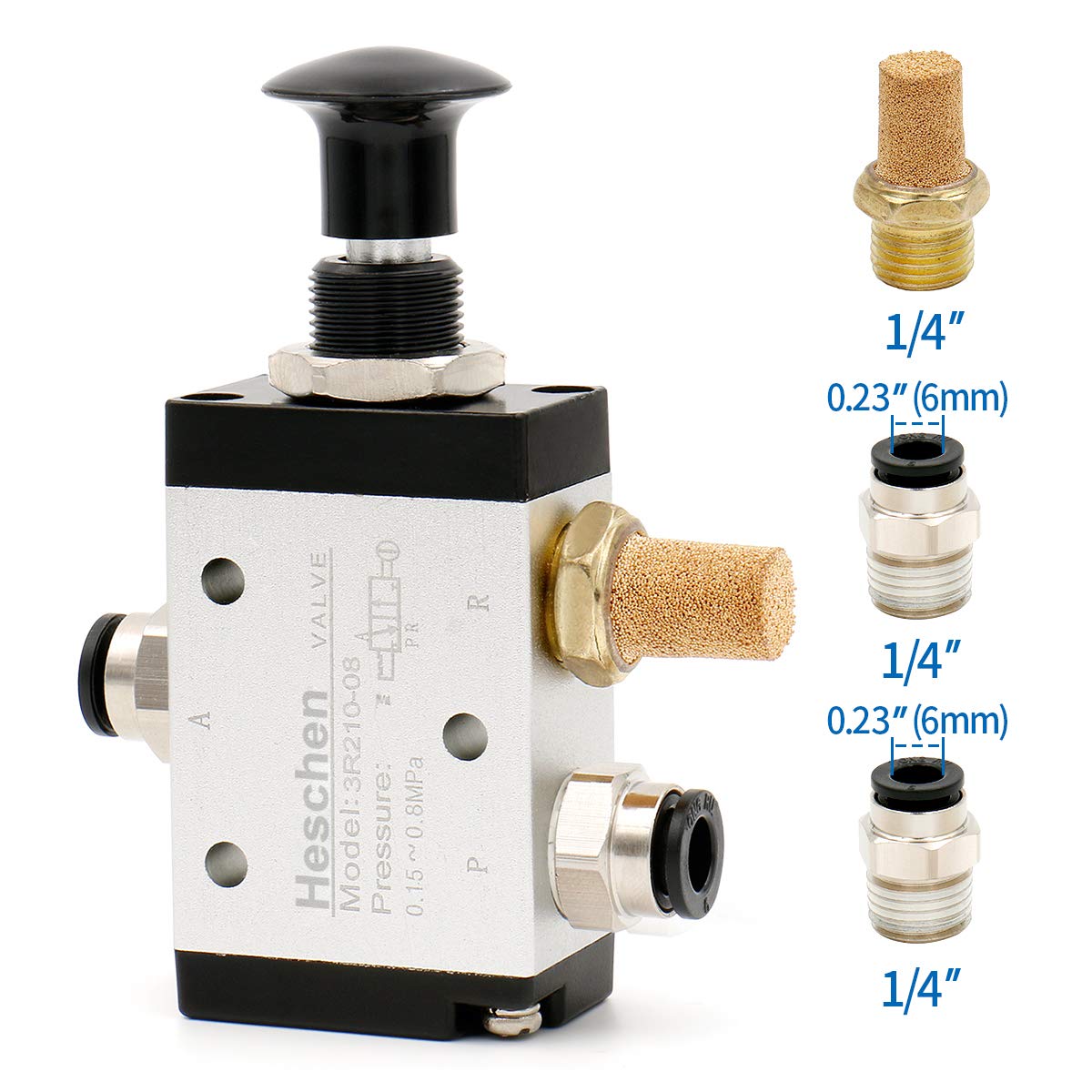 Heschen Pneumatic Air Valve, 3R210-08, 3 Way 2 Position, PT1/4 Port, Air Hand Manual Control with Fittings and Muffler - Image 5