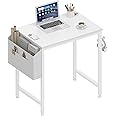 Lufeiya Small White Desk for Small Spaces, 24 Inch Kids Girls Study Writing Mini Desks for Bedroom, Simple Modern Laptop PC Little Side Table with Storage Bag Headphone Hook, White