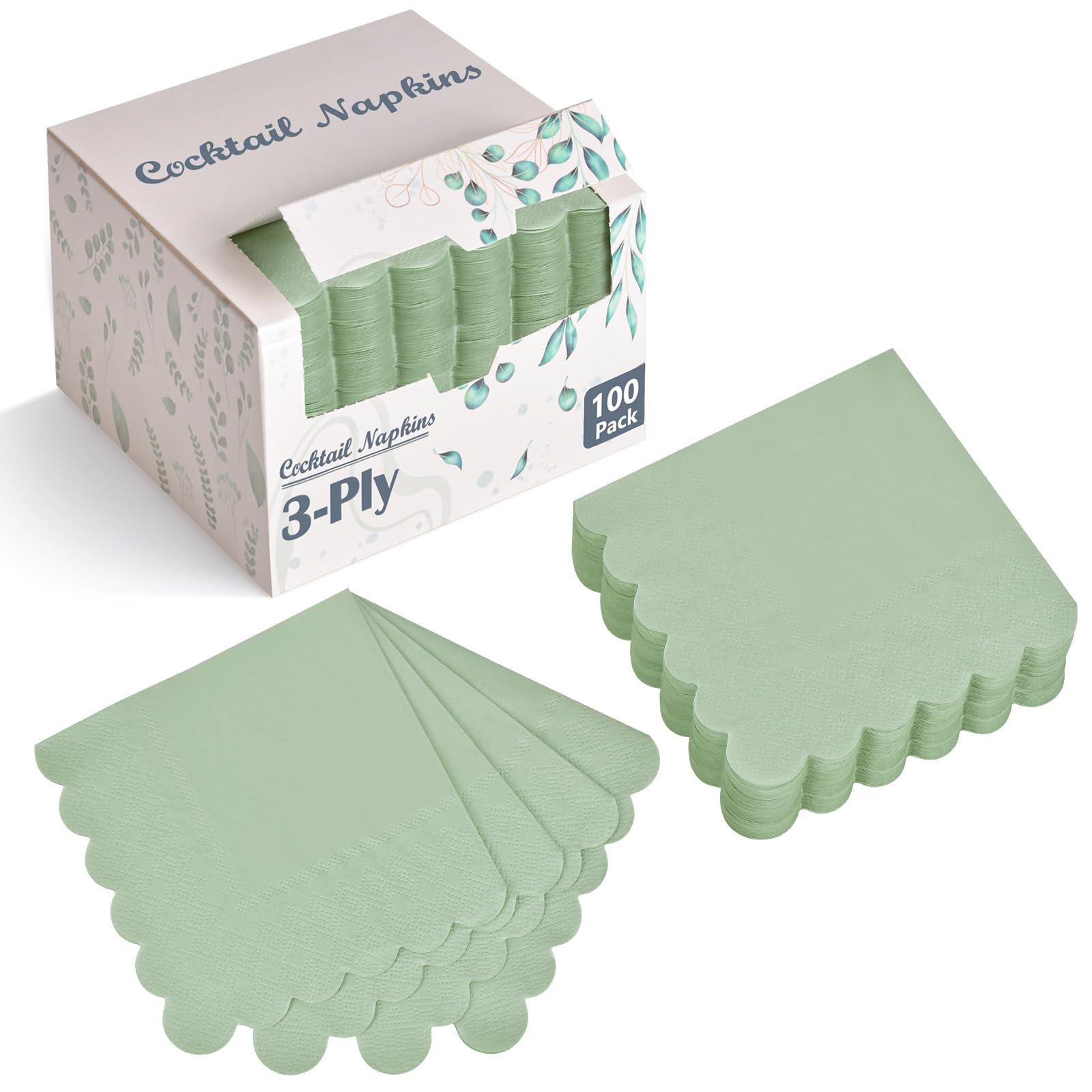 Photo 1 of 100 Pack Cocktail Napkins, 3-Ply Scalloped Edged Wedding Napkins Folded 5 x 5 Inches Dessert Napkins, Disposable Napkins for Dinner Birthday Party Bridal Anniversary Baby Shower Reception (Sage Green)