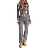 LILLUSORY Women's 2 Piece Knit Sets Slim Fit Zip Up Hooded Flare Leg Pants Set Sweatsuit