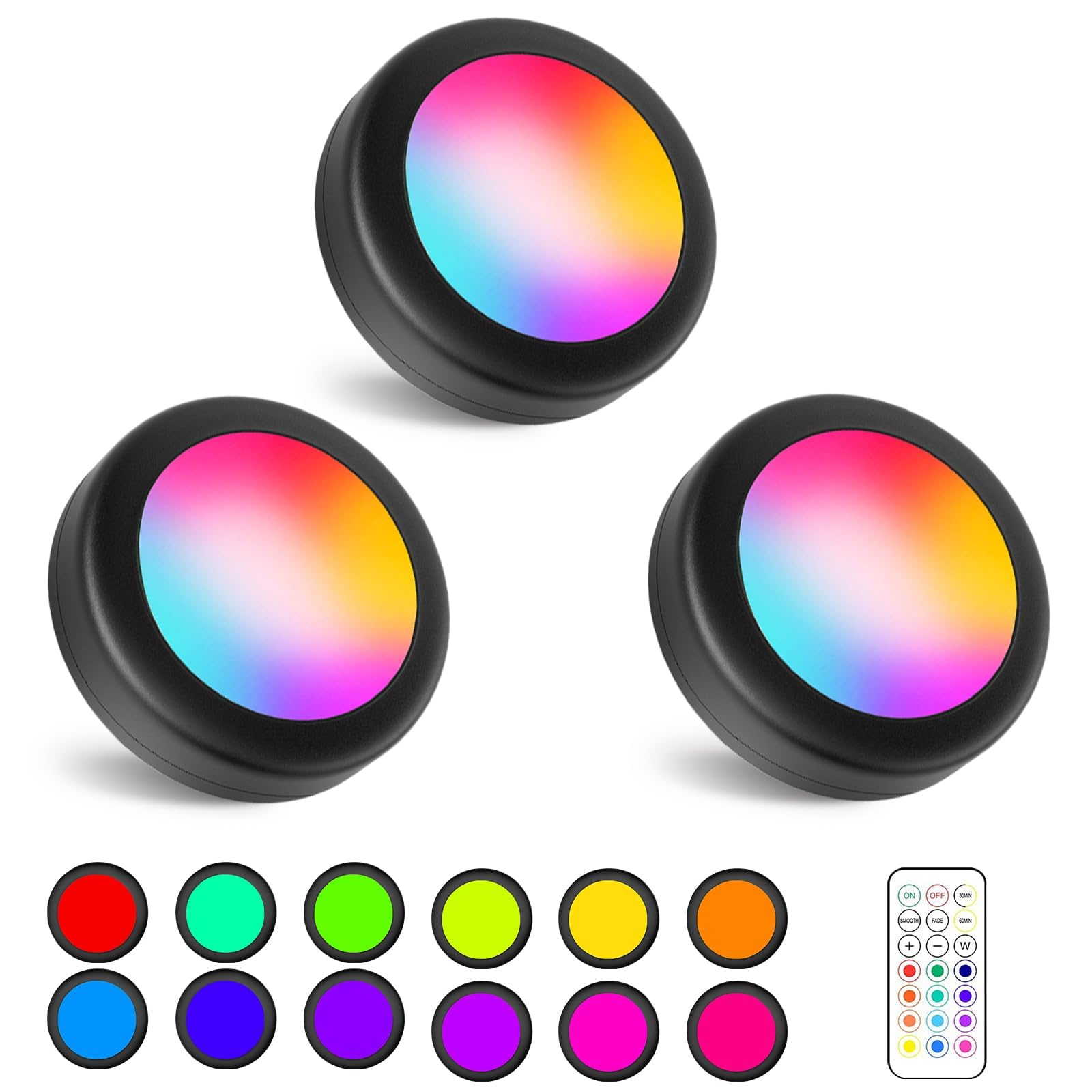 WUYOR Wireless Under Cabinet Lights with Remote, 12 Colors LED Under Cupboard Lighting, Round Stick-on Display Shelf Cupboard, RGB Puck Lights, 3 Pack - Black