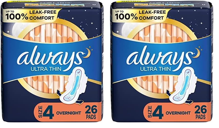 Always Ultra Thin Pads for Women, Size 4 Overnight Absorbency, Unscented with Wings, 26 Count (Pack of 2)