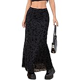 Milumia Women's Floral Print Mesh Long Skirt Low Waisted Y2k Flare Hem Fishtail Skirts