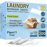 Planet True Eco-Friendly Laundry Detergent Sheets, 200 Loads (100 Sheets) Fresh Scent, Compact travel laundry sheets, Plastic-Free detergent sheet, Concentrated Laundry Solution for Hot & Cold Cycle