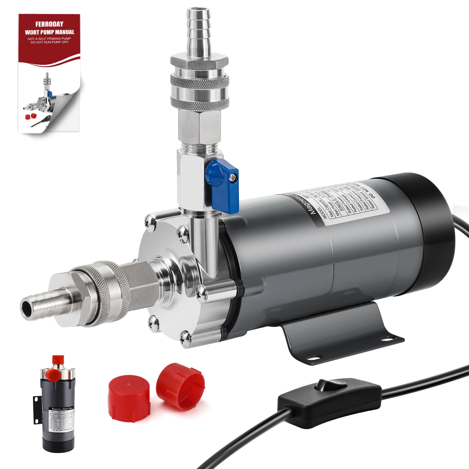 Photo 1 of ***FOR PARTS ONLY / NON-FUNCTIONAL*** FERRODAY Wort Pump High Temp Brewing Pump, Stainless Steel Head Magnetic Drive Pump Homebrew Pump, Food Grade Pump Brew Beer Pump with Inline Switch, Wort Transfer Pump with 1/2" Quick Disconnect Set