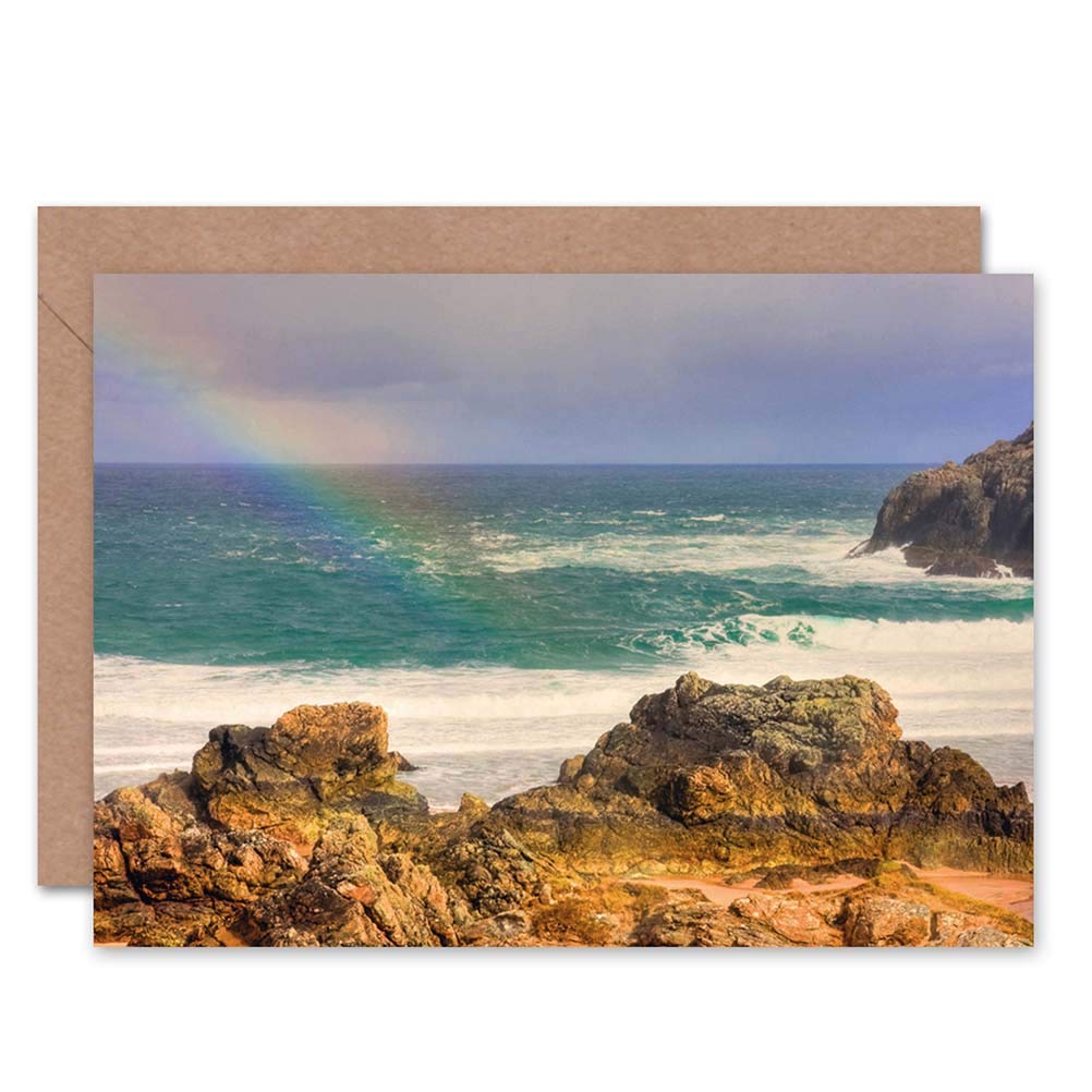 Wee Blue Coo PHOTO BEACH RAINBOW OCEAN SEA COAST SCOTLAND BLANK GREETINGS CARD