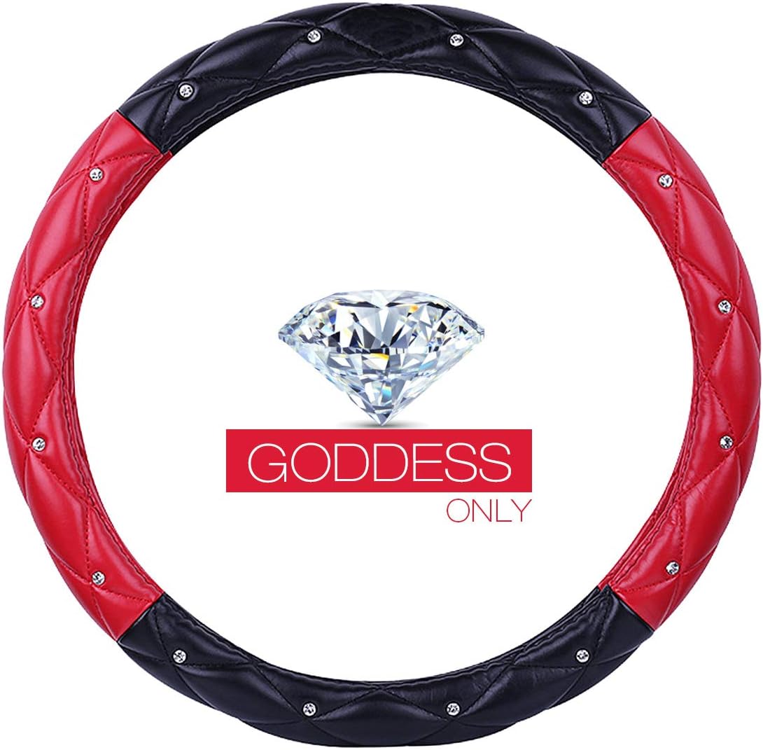Goddess's Car Steering Wheel Cover with Bling Diamond + Exquisite Lattice Design + Soft Leather Auto Stylish + Elegant Collection Accessories Universal 15"/38cm (B - Red&Black)