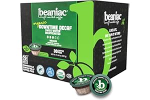 beaniac Organic Downtime Decaf Swiss Water Decaffeinated, Medium Roast, Single Serve Compostable K Cup Coffee Pods, Organic Arabica Coffee, Keurig Brewer Compatible, 30 Count