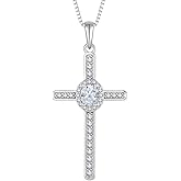 Blaniy Cross Necklace 925 Sterling Silver Halo Oval Birthstone Pendant Christian Religious Jewelry Gifts for Women