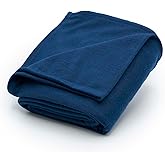 Brookstone Travel Blanket - 2-in-1 Jersey Knit Lightweight Throw Blanket with Carrying Pouch, Airplane & Car Travel Essentials, Blue
