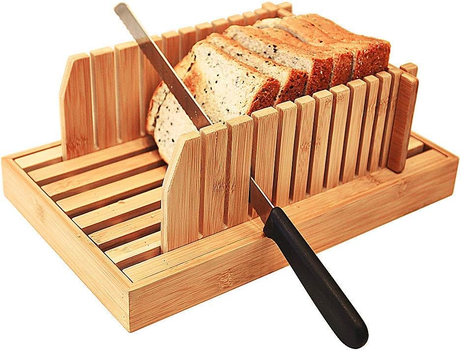 Bamboo Manual Adjustable Foldable Bread Machine Bread Slicer For Homemade Bread With Crumb Catcher Tray AND Eliminating The Generation Of Wood Chips By ISINO