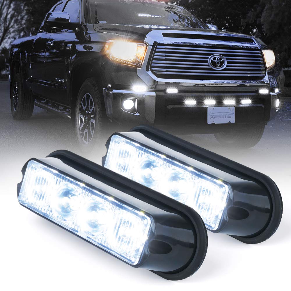 Xprite White 4 LED 4 Watt Emergency Vehicle Waterproof Surface Mount Deck Dash Grille Strobe Light Warning Police Light Head with Clear Lens - 2 Pack